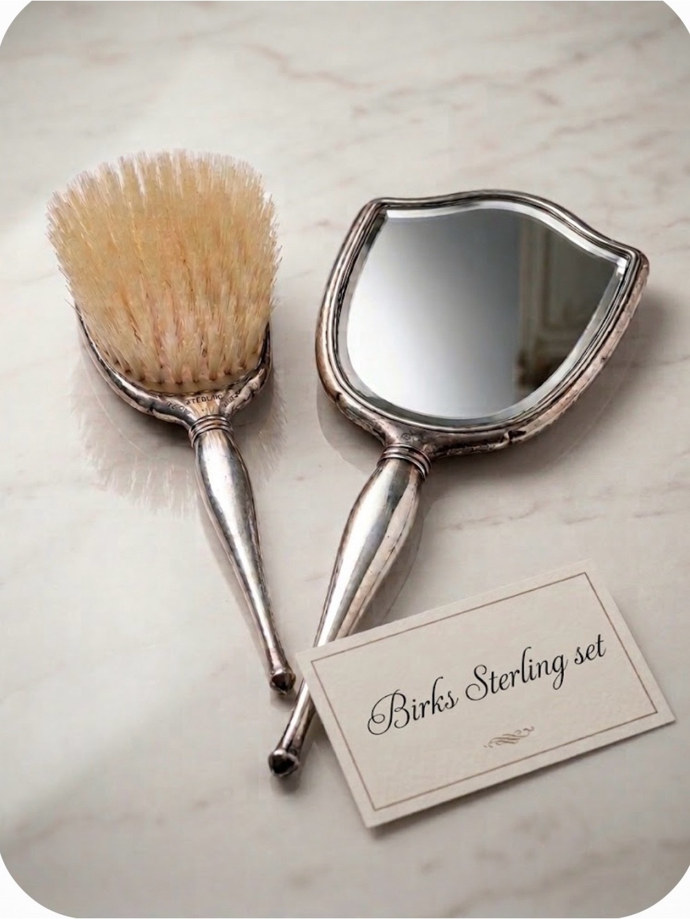 Birkenstock Silver Hand Mirror and Brush Set with Cream Bristles